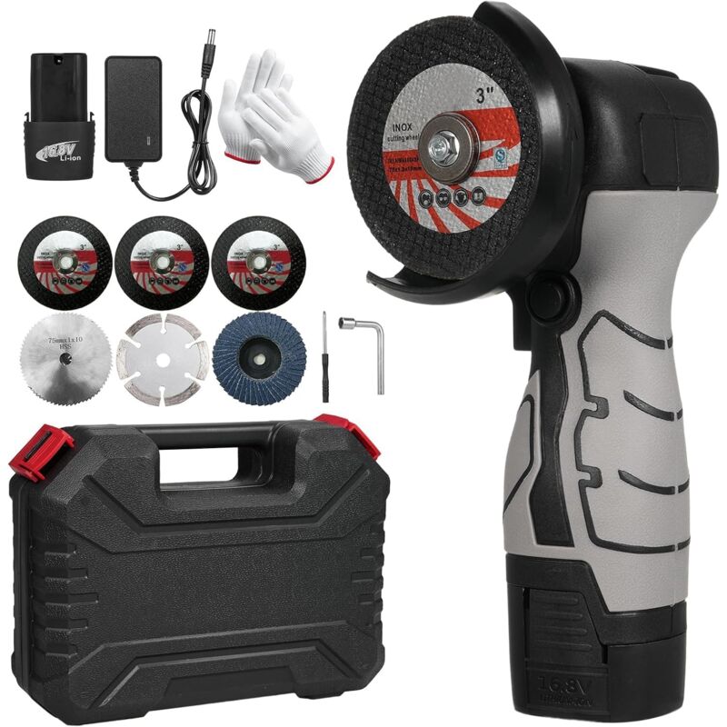 Meuleuse d'angle sans fil 7000 tr/min Mini meuleuse électrique avec 1 batteries 16,8 V 2000 mAh et disque abrasif pour couper la brique polie, le
