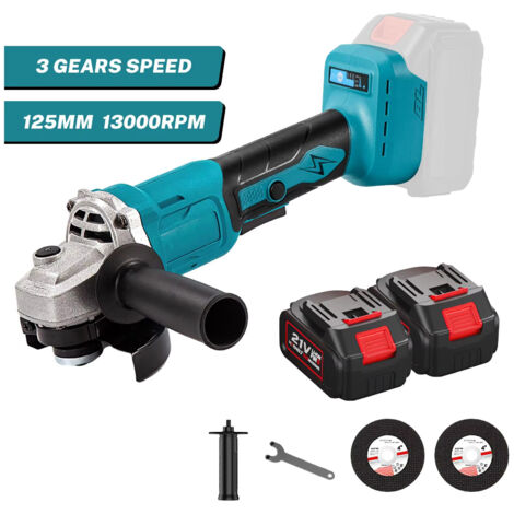 Meuleuse d'angle sans fil Brushless 125 mm 1000W – 3 vitesses, machine de découpe, outil électrique 21V avec 2 batteries incluses