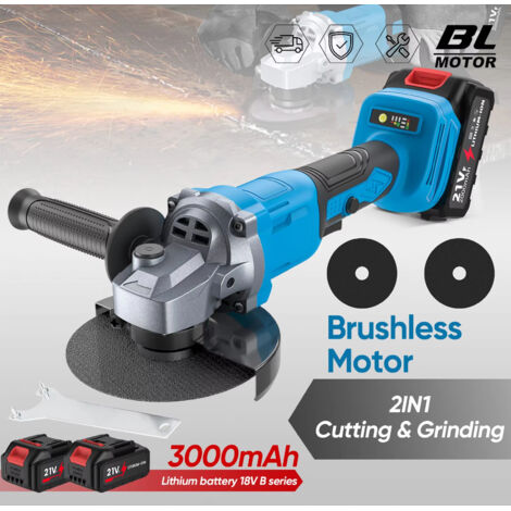 Meuleuse d'angle sans fil Brushless 125 mm 21V – 3 vitesses, coupe bois et métal, avec 2 batteries et chargeur