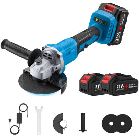 Meuleuse d'angle sans fil Brushless 125 mm 21V – 3 vitesses, outil de découpe bois, compatible batterie 21V avec 2 batteries et chargeur