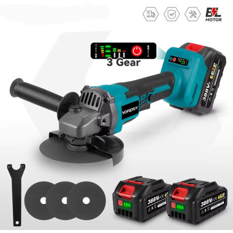 Meuleuse d'angle sans fil Brushless 125 mm – 3 vitesses, coupe, polissage et meulage bois et métal, compatible Makita 18–21V avec 2 batteries