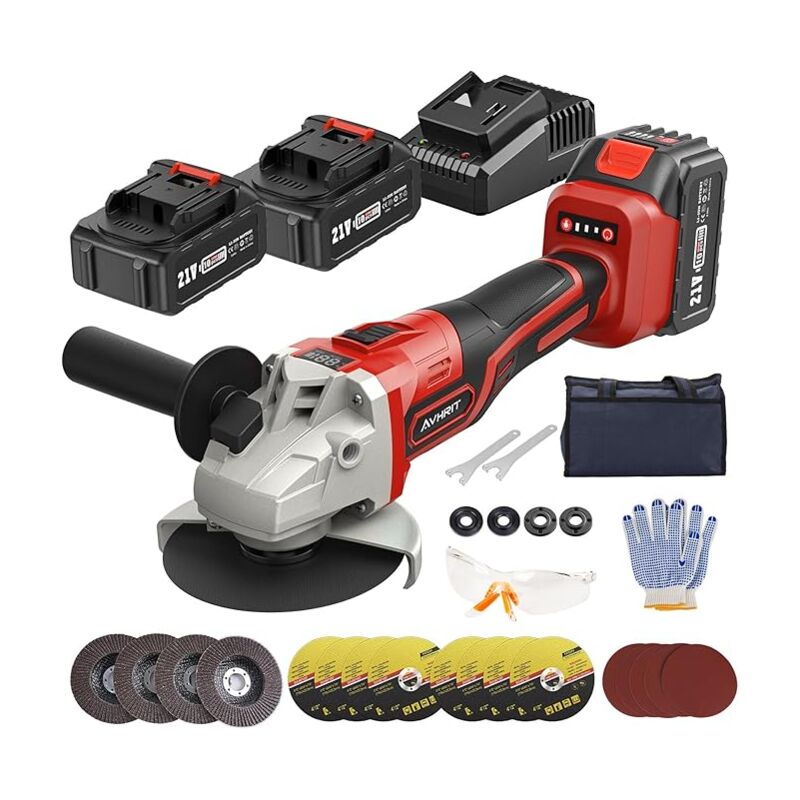 Meuleuse d'angle sans fil, meuleuse d'angle 21 v avec 2 batteries 4.0 Ah, 9000 rpm moteur brushless, disques de coupe 125 mm, disque à lamelles pour