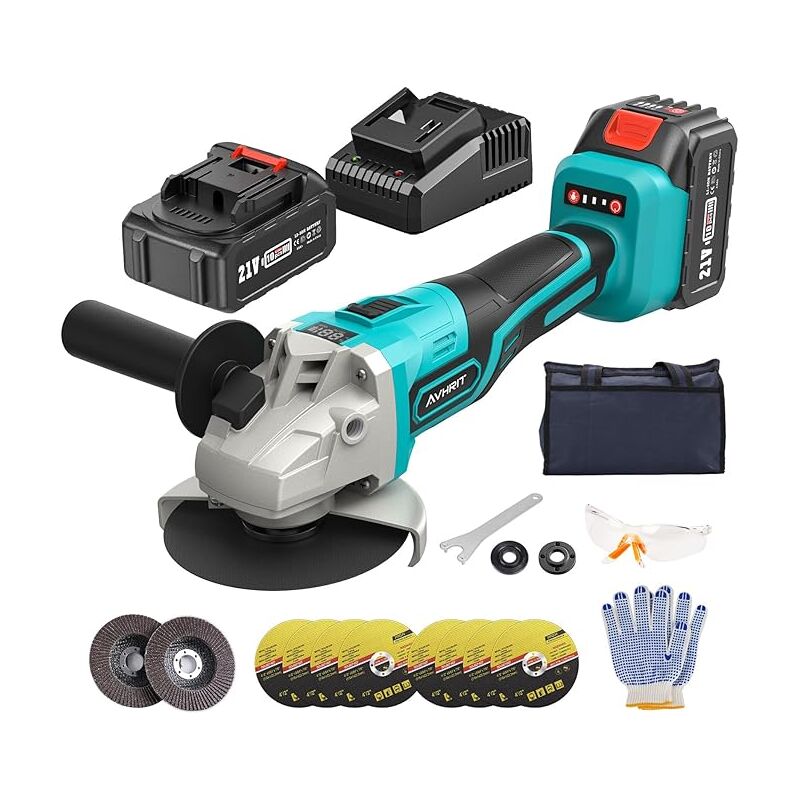 Meuleuse d'angle sans fil, meuleuse d'angle 21V avec 2 batteries 4.0 Ah, 9000 rpm moteur brushless, disques de coupe 125 mm, disque à lamelles pour