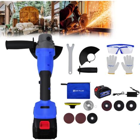Meuleuse d'angle sans fil, meuleuse d'angle à batterie sans balais avec batterie de 3000 mAh et chargeur rapide, 10 000 tr/min, 2 vitesses variables, poignée auxiliaire réglable à 2 positions, pour