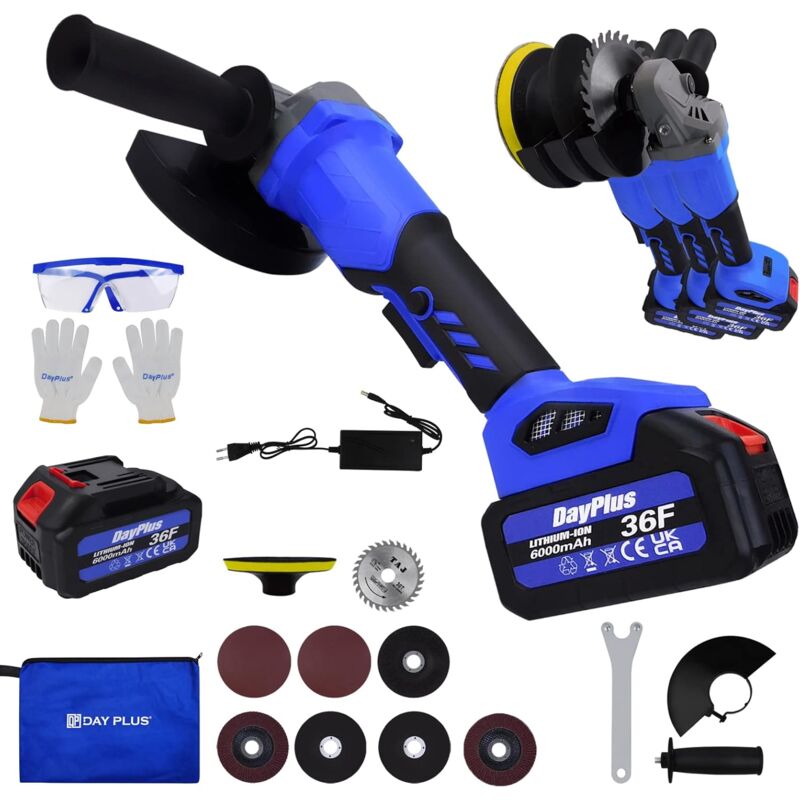 Meuleuse d'angle sans fil, outil de coupe, batterie lithium-ion 6000 mAh, meuleuse d'angle de vitesse réglable sans balais de 4 à 1/2 pouces,