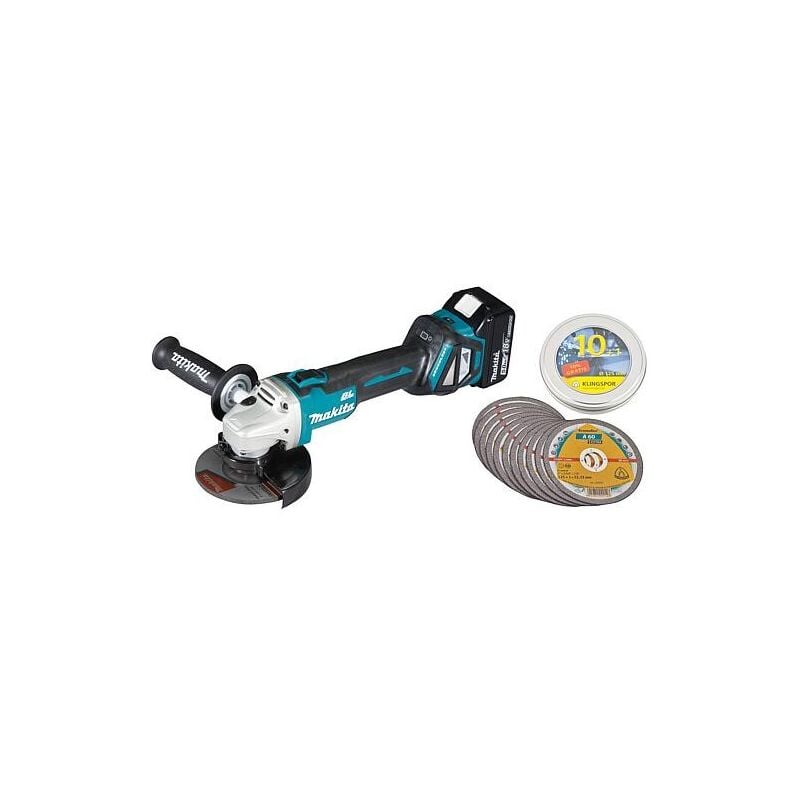 Meuleuses d'angle sans fil Makita 18 v DGA511RTJ avec 2x 5,0 Ah Batteries et Chargeur avec kit de disques à tronçonner 11 pièces