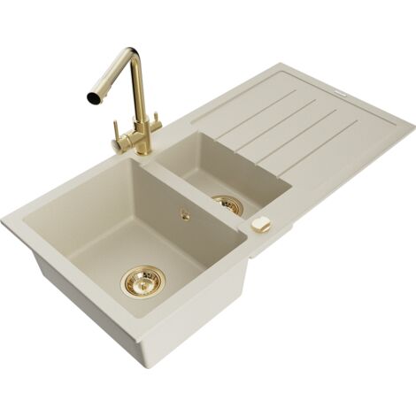Mexen Andres 1,5-Becken-Granitspüle mit Abtropffläche und Mischbatterie Duero, Beige - 6515-69-671600-50