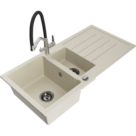 Mexen Andres 1,5-Becken-Granitspüle mit Abtropffläche und Mischbatterie Duo, Beige - 6515-69-671701-