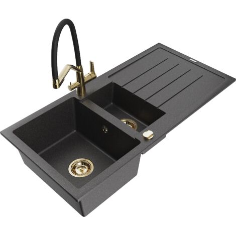 Mexen Andres 1,5-Becken-Granitspüle mit Abtropffläche und Mischbatterie Duo, Schwarz gesprenkelt - 6