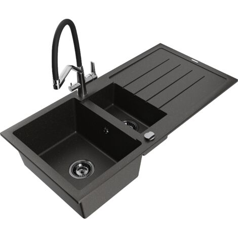 Mexen Andres 1,5-Becken-Granitspüle mit Abtropffläche und Mischbatterie Duo, Schwarz/Gold metallisch