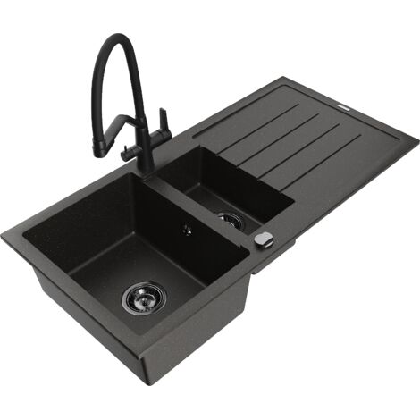 Mexen Andres 1,5-Becken-Granitspüle mit Abtropffläche und Mischbatterie Duo, Schwarz/Gold metallisch