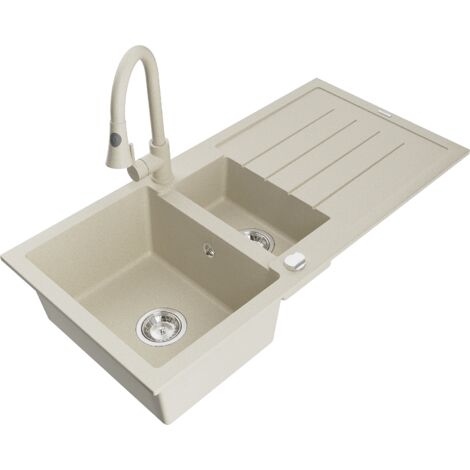 Mexen Andres 1,5-Becken-Granitspüle mit Abtropffläche und Mischbatterie Elia, Beige - 6515-69-670101