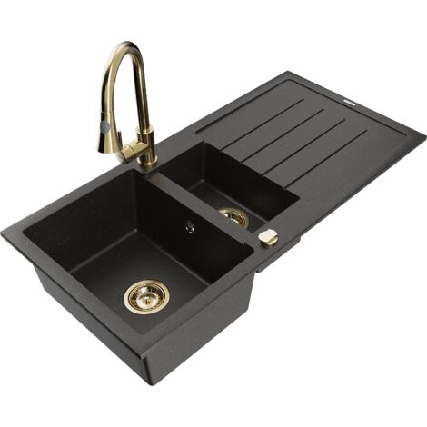 Mexen Andres 1,5-Becken-Granitspüle mit Abtropffläche und Mischbatterie Elia, Schwarz/Gold metallisc