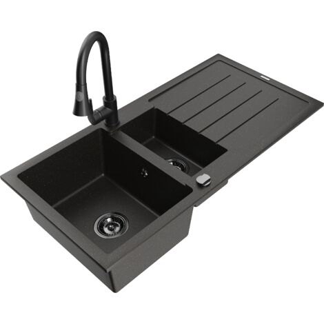 Mexen Andres 1,5-Becken-Granitspüle mit Abtropffläche und Mischbatterie Elia, Schwarz/Gold metallisc