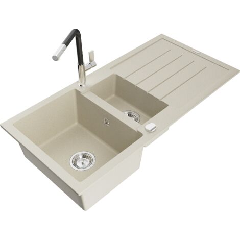 Mexen Andres 1,5-Becken-Granitspüle mit Abtropffläche und Mischbatterie Flora, Beige - 6515-69-67040