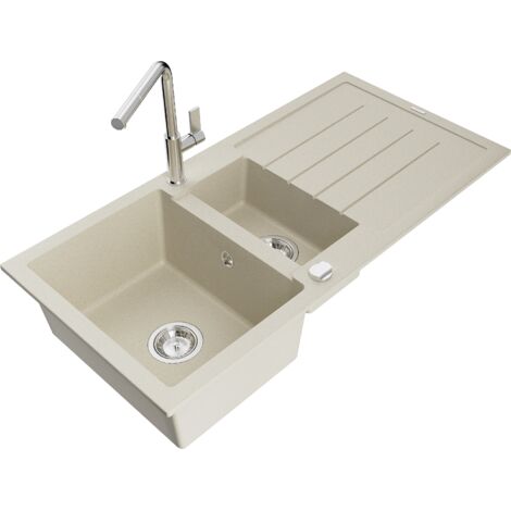 Mexen Andres 1,5-Becken-Granitspüle mit Abtropffläche und Mischbatterie Flora, Beige - 6515-69-67040