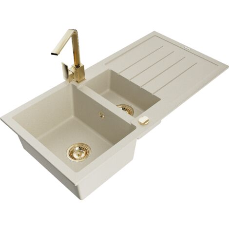 Mexen Andres 1,5-Becken-Granitspüle mit Abtropffläche und Mischbatterie Rita, Beige - 6515-69-670300