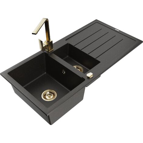 Mexen Andres 1,5-Becken-Granitspüle mit Abtropffläche und Mischbatterie Rita, Schwarz/Gold metallisc