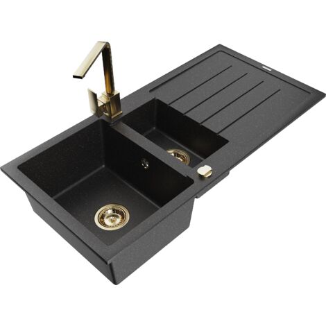 Mexen Andres 1,5-Becken-Granitspüle mit Abtropffläche und Mischbatterie Rita, Schwarz/Silbermetallic