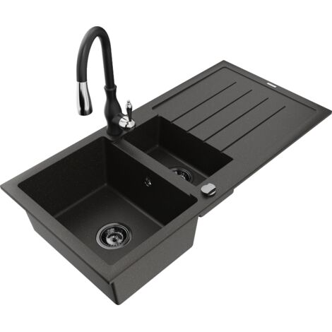 Mexen Andres 1,5-Becken-Granitspüle mit Abtropffläche und Mischbatterie Savita, Schwarz/Gold - 6515-75-672601-70-B