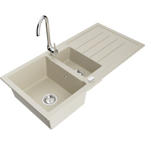 Mexen Andres 1,5-Becken-Granitspüle mit Abtropffläche und Mischbatterie Telma, Beige - 6515-69-670200-00