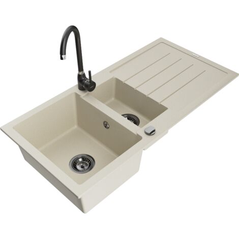 Mexen Andres 1,5-Becken-Granitspüle mit Abtropffläche und Mischbatterie Telma, Beige - 6515-69-670200-70