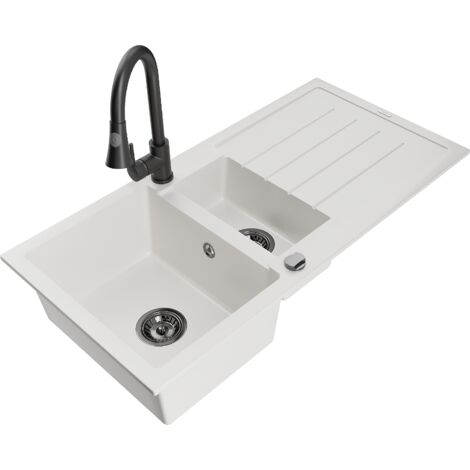 Mexen Andres évier en granit 1,5 cuves avec égouttoir et robinet de cuisine Elia, blanc - 6515-20-670101-70