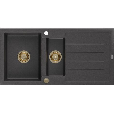 Mexen Andres évier en granit à 1,5 cuvette avec égouttoir 1000 x 500 mm Noir moucheté, siphon Or - 6515101510-76-G