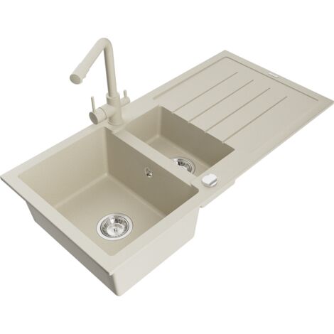 Mexen Andres fregadero de granito 1,5 senos con escurridor y grifo de cocina Duero, beige - 6515-69-671600-69