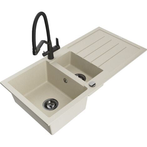 Mexen Andres fregadero de granito 1,5 senos con goteador y grifo de cocina Duo, beige - 6515-69-671701-70-B