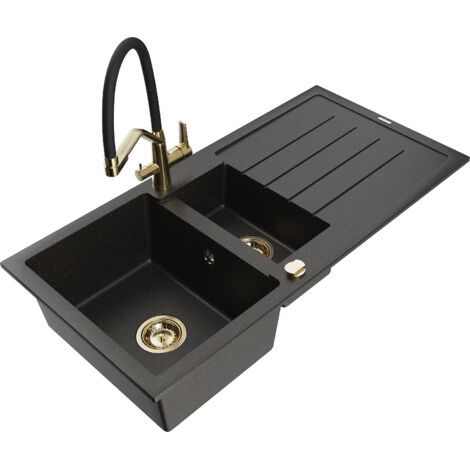 Mexen Andres fregadero de granito 1,5 tazones con escurridor y grifo de cocina Duo, negro/dorado met谩lico - 6515-75-671701-57-G