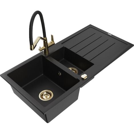 Mexen Andres fregadero de granito de 1,5 compartimentos con escurridor y grifo de cocina Duo, negro - 6515-77-671701-57-G