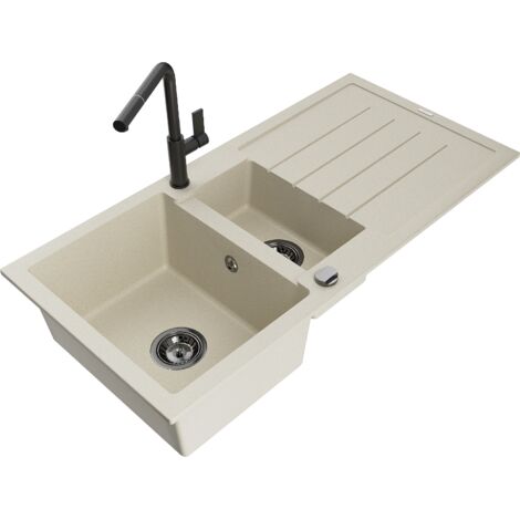 Mexen Andres fregadero de granito de 1,5 compartimentos con escurridor y grifo de cocina Flora, beige - 6515-69-670401-70-B