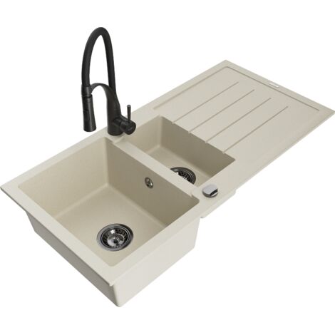 Mexen Andres fregadero de granito de 1,5 senos con escurridor y grifo de cocina Aster, beige - 6515-69-73450-70-B