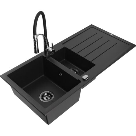 Mexen Andres fregadero de granito de 1,5 senos con escurridor y grifo de cocina Aster, negro - 6515-77-73450-07-B