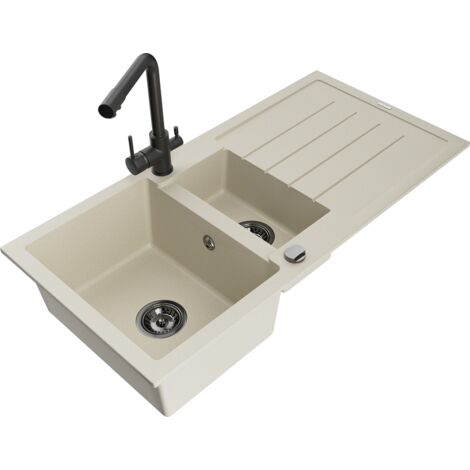 Mexen Andres fregadero de granito de 1,5 senos con escurridor y grifo de cocina Duero, beige - 6515-69-671600-70