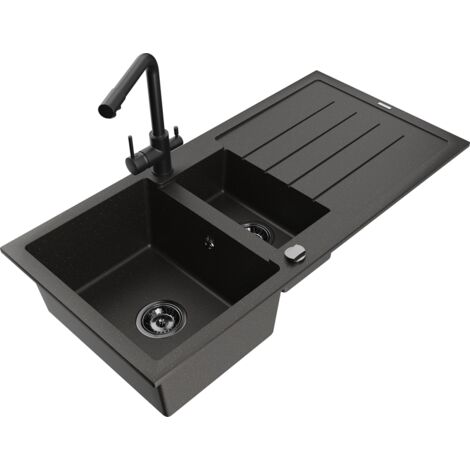 Mexen Andres fregadero de granito de 1,5 senos con escurridor y grifo de cocina Duero, negro/dorado - 6515-75-671600-70-B