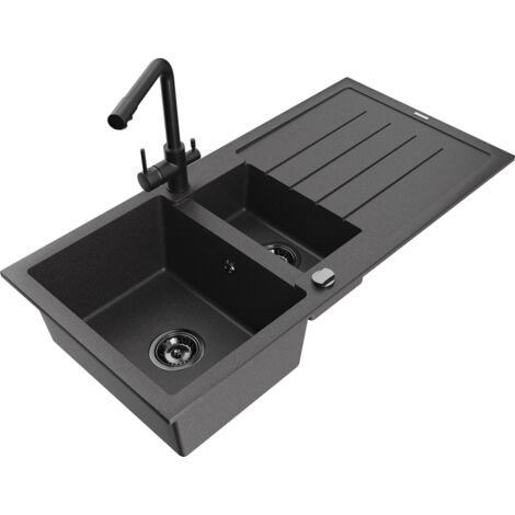 Mexen Andres fregadero de granito de 1,5 senos con escurridor y grifo de cocina Duero, negro moteado - 6515-76-671600-70-B