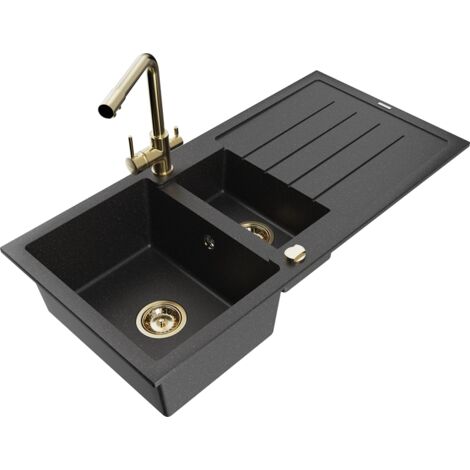 Mexen Andres fregadero de granito de 1,5 senos con escurridor y grifo de cocina Duero, negro/plata - 6515-73-671600-50