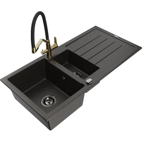 Mexen Andres fregadero de granito de 1,5 senos con escurridor y grifo de cocina Duo, negro/oro met谩lico - 6515-75-671701-57-B