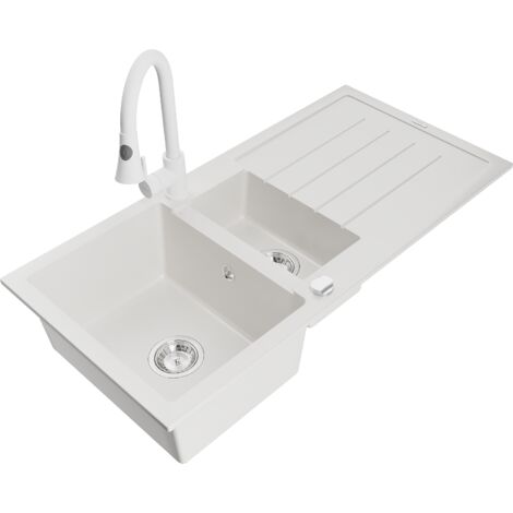 Mexen Andres fregadero de granito de 1,5 senos con escurridor y grifo de cocina Elia, blanco - 6515-20-670101-20