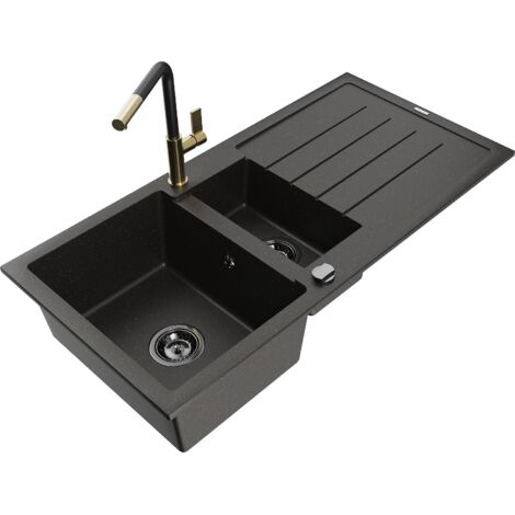 Mexen Andres fregadero de granito de 1,5 senos con escurridor y grifo de cocina Flora, negro/dorado - 6515-75-670401-57-B
