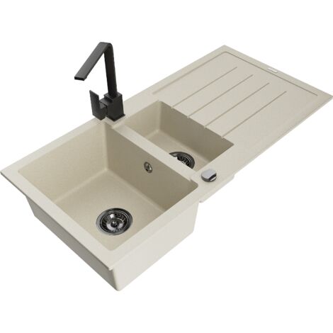 Mexen Andres fregadero de granito de 1,5 senos con escurridor y grifo de cocina Rita, beige - 6515-69-670300-70