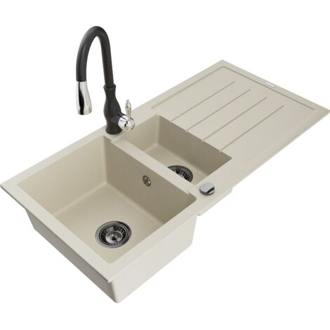 Mexen Andres fregadero de granito de 1,5 senos con escurridor y grifo de cocina Savita, beige - 6515-69-672601-70