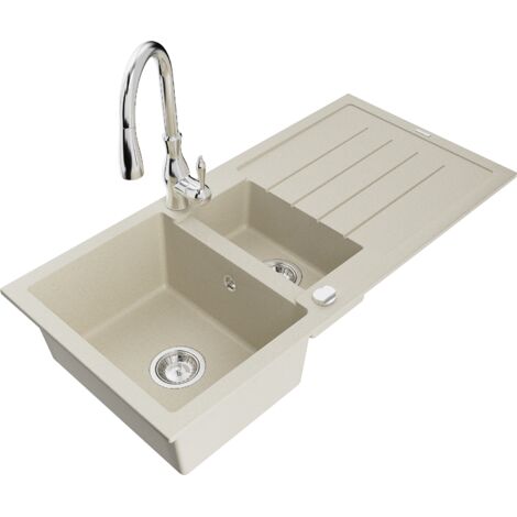Mexen Andres lavello da cucina in granito 1,5 vasca con sgocciolatoio e rubinetto Savita, beige - 6515-69-672601-00