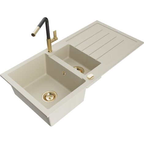 Mexen Andres lavello in granito 1,5 vasca con gocciolatoio e miscelatore cucina Flora, beige - 6515-69-670401-57-G
