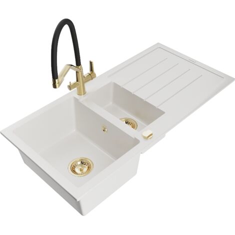 Mexen Andres lavello in granito 1,5 vasca con scolapiatti e miscelatore cucina Duo, bianco - 6515-20-671701-57-G