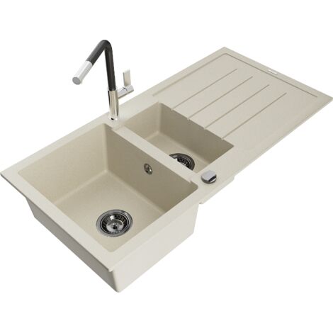 Mexen Andres lavello in granito 1,5 vasca con scolapiatti e rubinetto cucina Flora, beige - 6515-69-670401-07-B