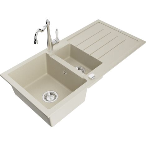 Mexen Andres lavello in granito 1,5 vasca con scolapiatti e rubinetto da cucina Carla, beige - 6515-69-670700-00
