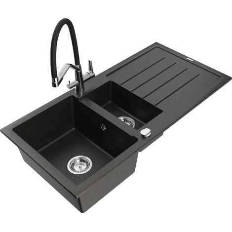 Mexen Andres lavello in granito 1,5 vasca con sgocciolatoio e miscelatore Duo, nero/oro metallizzato - 6515-75-671701-07